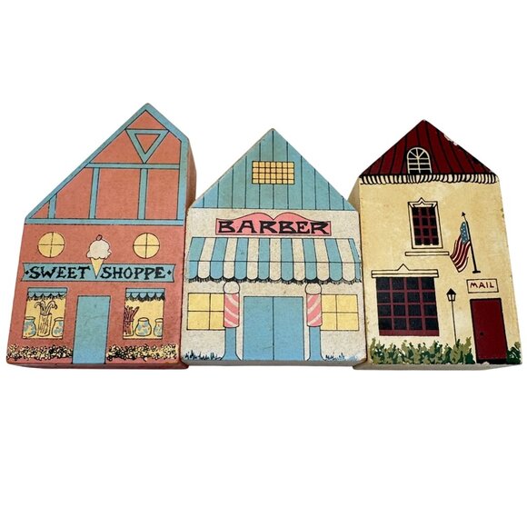 Hand-Painted Wooden Village House Decor Blocks Set Of 3 Vintage - Picture 1 of 7
